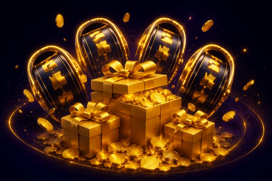 Gold gift boxes spilling coins beside four slot reels — the four-deposit SkyCrown welcome package worth A$8,000 and 400 free spins