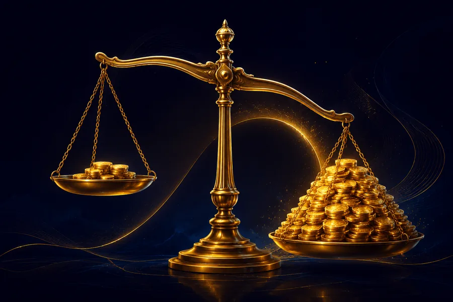 Golden scales tipping under a mountain of coins, showing the weight of 40x wagering against a SkyCrown bonus balance