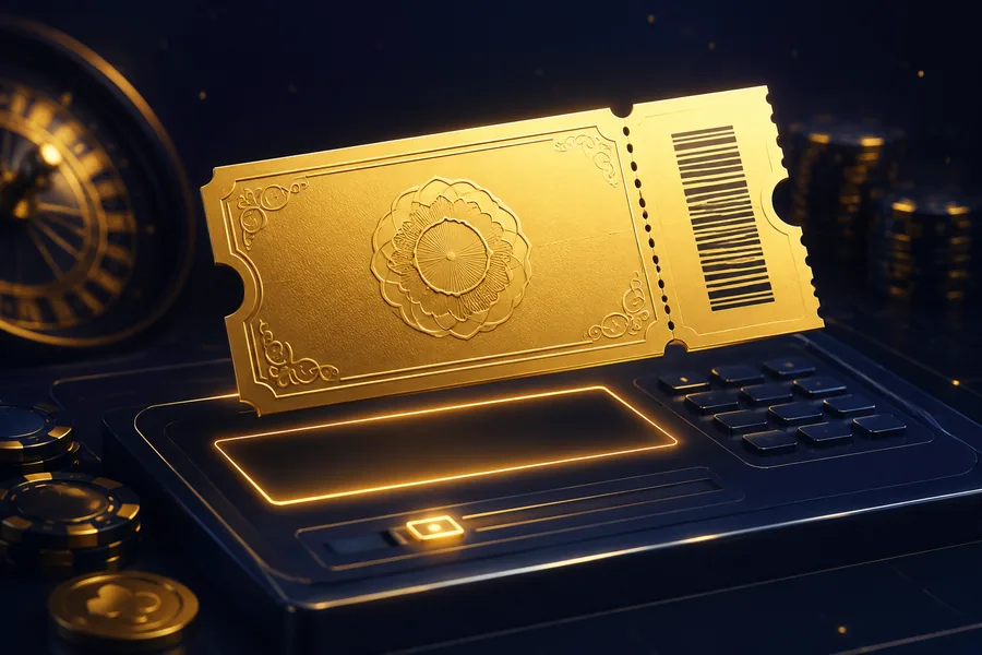 Gold embossed voucher carrying the SKYCROWN promo code above a dark SkyCrown cashier panel with a glowing code entry field