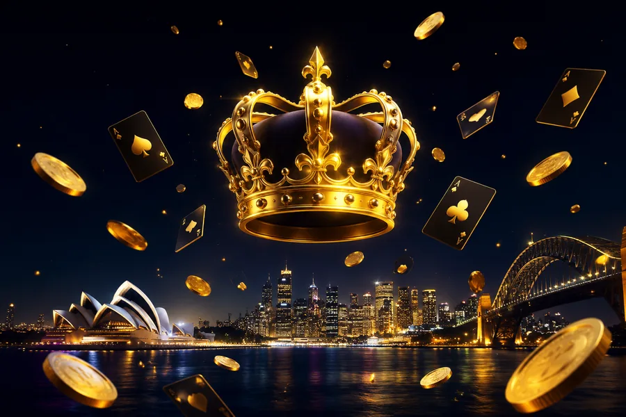 Gold crown floating above the Sydney skyline at night with playing cards and coins beneath it, the visual SkyCrown leads with for Australian players