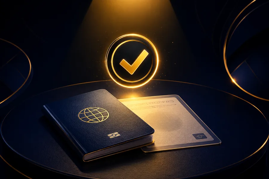 Passport and a utility bill lit by a golden spotlight with a verified badge, the documents SkyCrown requests at KYC