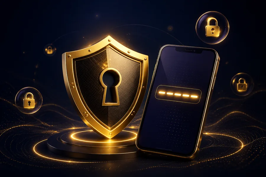 Golden shield with a keyhole beside a phone showing a two-factor code field, illustrating SkyCrown account sign-in security