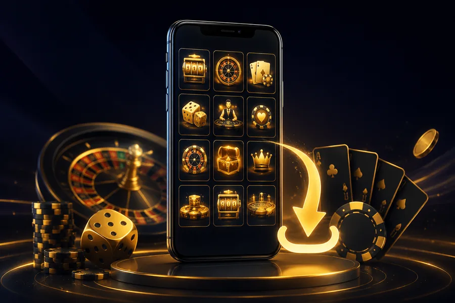 SkyCrown casino lobby in gold on a smartphone screen, with an arrow showing the add-to-home-screen install step