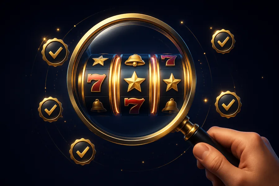 Magnifying glass over pokie reels with verification ticks, illustrating our line-by-line audit of SkyCrown Casino
