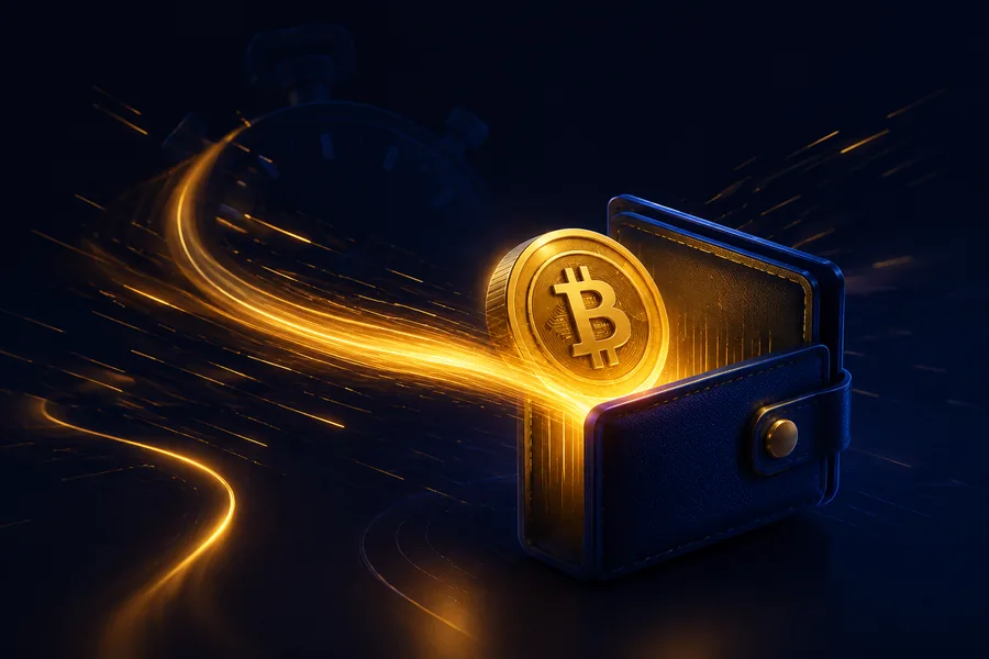 Gold Bitcoin travelling a light trail into a wallet, showing the 1h 06m payout we timed at SkyCrown Casino