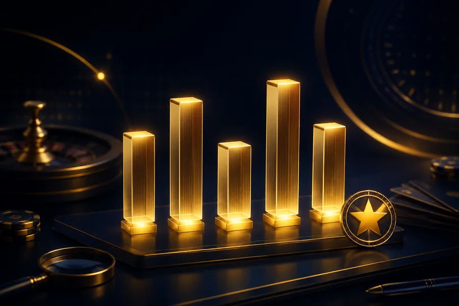 Gold rating bars of different heights next to a medal, illustrating how the five weighted areas add up to the SkyCrown score